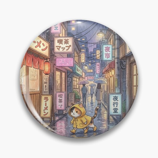 Item preview, Cute Cat in Yellow Raincoat Rainy Tokyo Alley designed and sold by NiceArtsPlace.