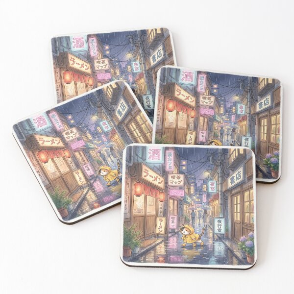 Item preview, Cute Cat in Yellow Raincoat Rainy Tokyo Alley designed and sold by NiceArtsPlace.