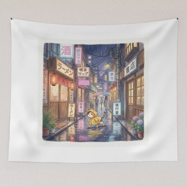 Item preview, Cute Cat in Yellow Raincoat Rainy Tokyo Alley designed and sold by NiceArtsPlace.