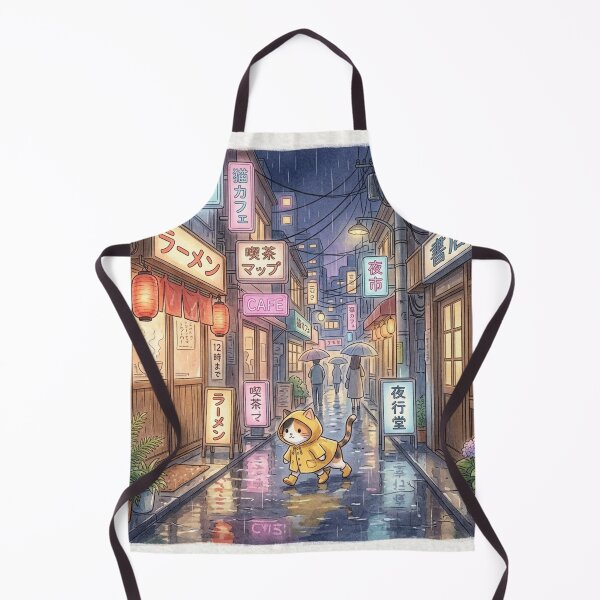 Item preview, Cute Cat in Yellow Raincoat Rainy Tokyo Alley designed and sold by NiceArtsPlace.