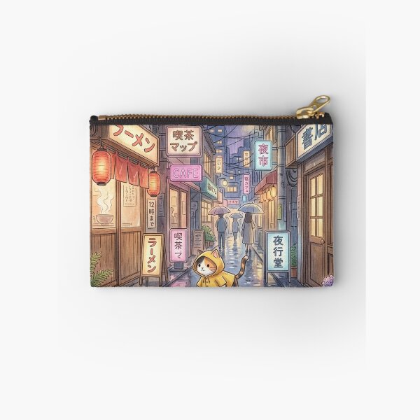 Item preview, Cute Cat in Yellow Raincoat Rainy Tokyo Alley designed and sold by NiceArtsPlace.