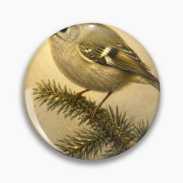 Item preview, Luminous Goldcrest and Fir Sprig Print — Glowing Vintage Winter Woodland Bird Art designed and sold by Brackenlume Studio.