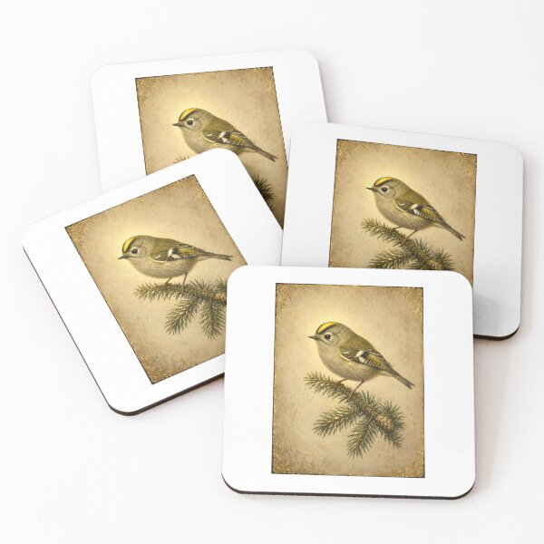 Item preview, Luminous Goldcrest and Fir Sprig Print — Glowing Vintage Winter Woodland Bird Art designed and sold by Brackenlume Studio.