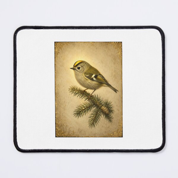 Item preview, Luminous Goldcrest and Fir Sprig Print — Glowing Vintage Winter Woodland Bird Art designed and sold by Brackenlume Studio.