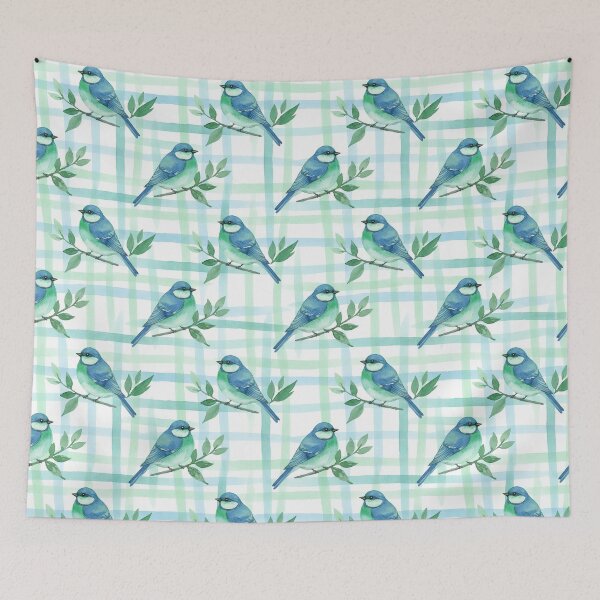 Item preview, Blue Green Songbird on Mint Plaid Branch designed and sold by wissal.studio.