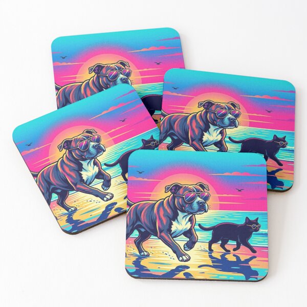 Item preview, Sunset Beach Vibes – Pitbull  Dog &Black  Cat Art designed and sold by Dogandesighn.