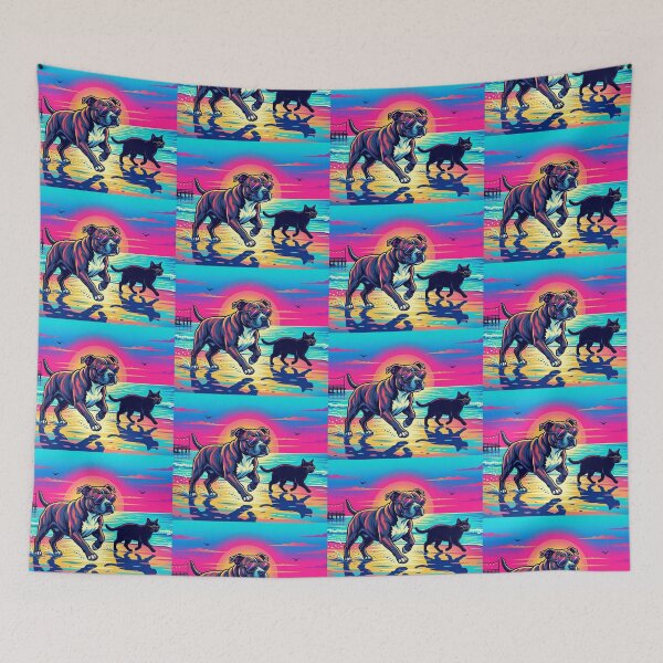 Item preview, Sunset Beach Vibes – Pitbull  Dog &Black  Cat Art designed and sold by Dogandesighn.