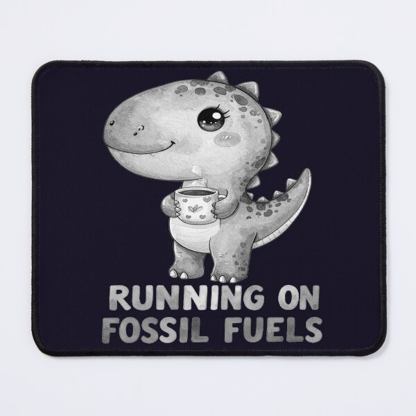 Item preview, Driving through the day on fossil fuels, Kawaii T-rex with coffee mug, black and white designed and sold by LiskoDesign.