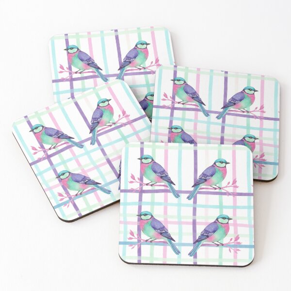 Item preview, Watercolor Pastel Birds on Colorful Plaid  designed and sold by wissal.studio.