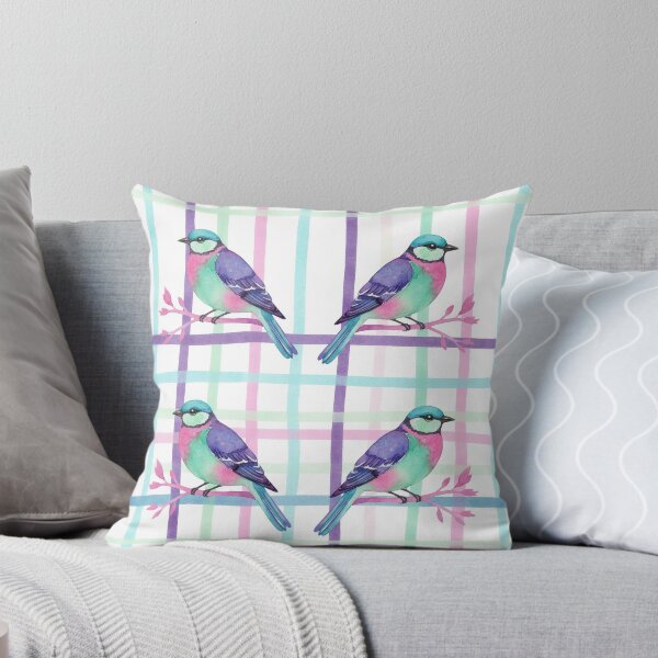 Item preview, Watercolor Pastel Birds on Colorful Plaid  designed and sold by wissal.studio.