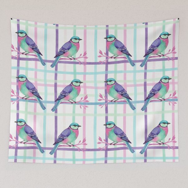 Item preview, Watercolor Pastel Birds on Colorful Plaid  designed and sold by wissal.studio.