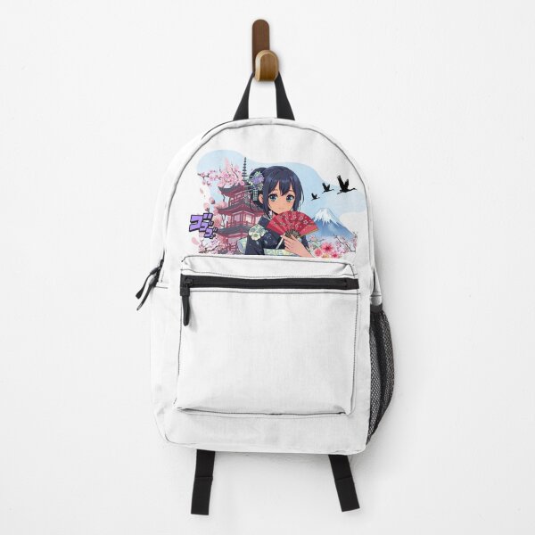 Item preview, Manga girl against a backdrop of a temple, cherry blossom branches, Mount Fuji, and cranes in flight designed and sold by DOMANGA.