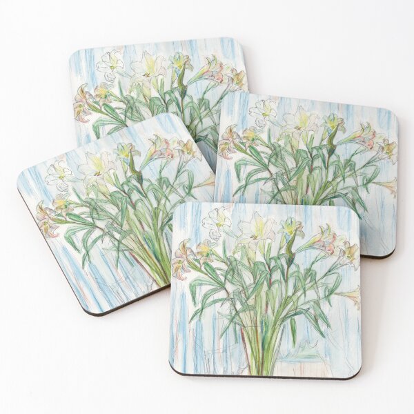 Item preview, White Lilies in Glass Vase – Soft Botanical Colored Pencil Illustration designed and sold by Dina's Fine Arts.