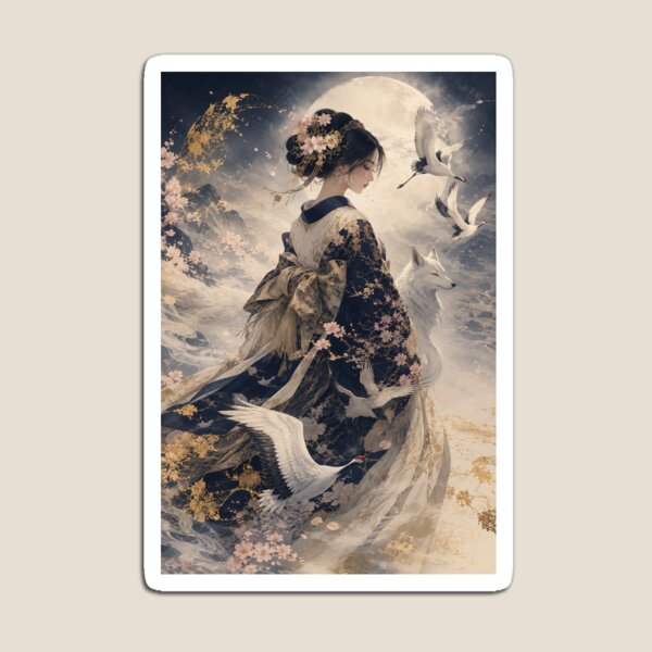 Item preview, Japanese Crane Through Mist – Ethereal Kimono Woman Wall Art | Mystical Wabi-Sabi Japanese Aesthetic Illustration designed and sold by UkiyoeFusion.