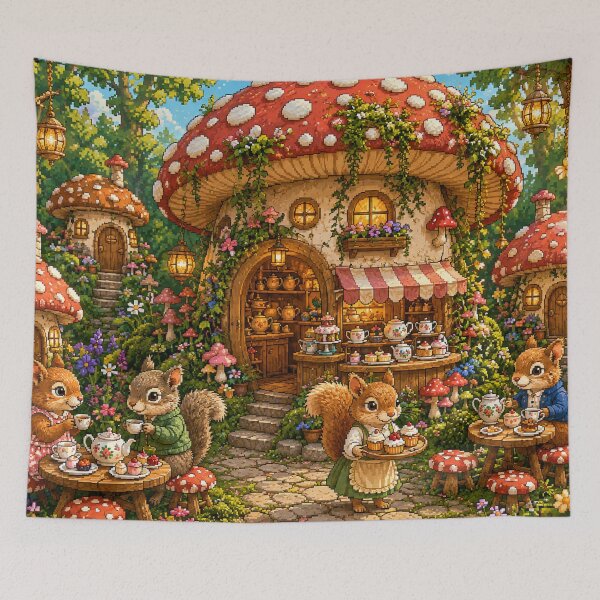 Item preview, Cozy Mushroom Village Pixel Art Tea Party designed and sold by Yiruda-Art.