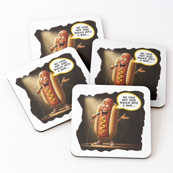 Item preview, A Hot Dog Walks Into a Bar - Cartoon Funny Illustration  designed and sold by Wilcox PhotoArt.
