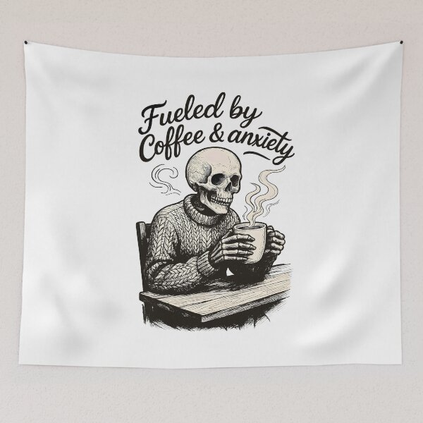Item preview, Fueled by Coffee and Anxiety - Skeleton Cafe designed and sold by Dhenin Studio.