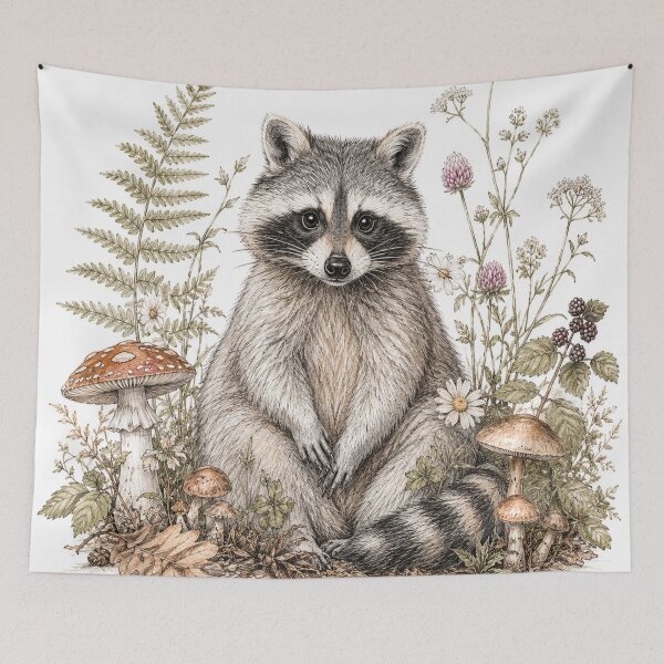 Item preview, Vintage Botanical Raccoon with Wild Mushrooms Pencil Illustration designed and sold by Jaani-T.