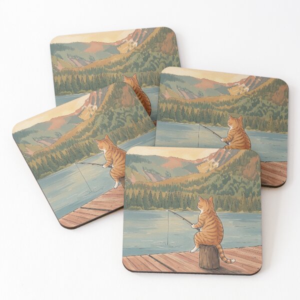 Item preview, Orange Tabby Cat Fishing on Lake Dock Mountain Art designed and sold by Butterfly-Dream.