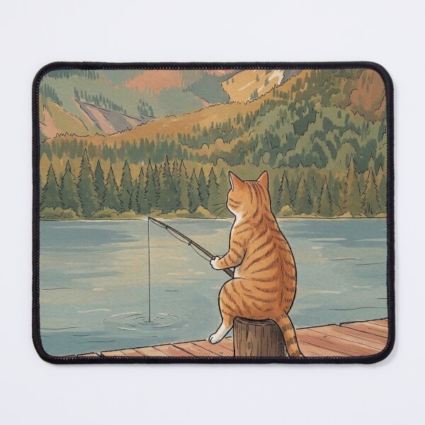 Item preview, Orange Tabby Cat Fishing on Lake Dock Mountain Art designed and sold by Butterfly-Dream.