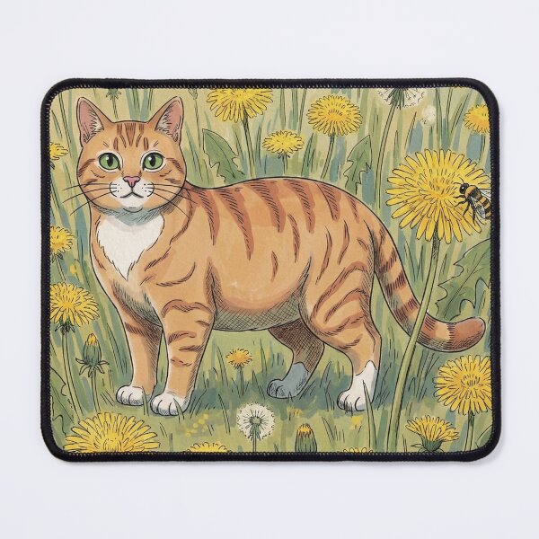Item preview, Orange Tabby Cat in Dandelion Meadow with Bee Illustration designed and sold by Butterfly-Dream.