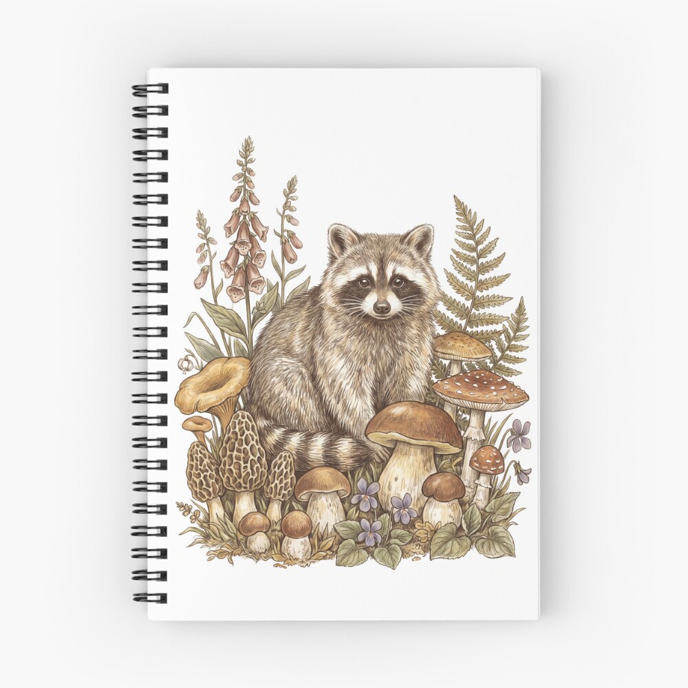 Vintage botanical raccoon and mushrooms on a spiral notebook