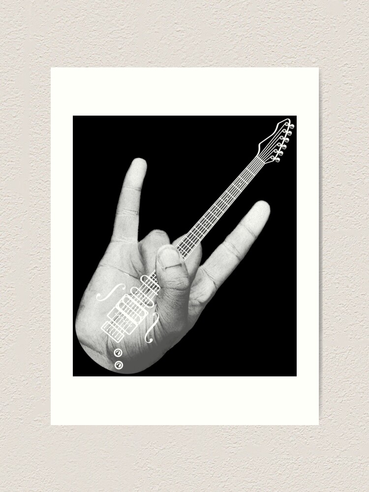 "Heavy metal electric guitar with devil horns characters" Art Print for