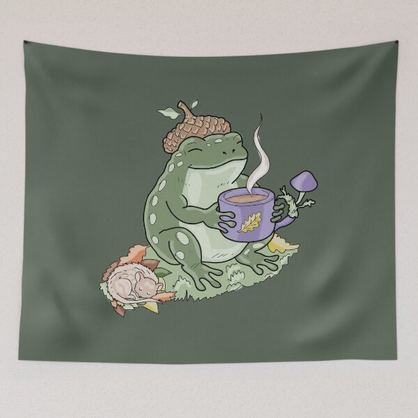 Item preview, Frog drinking coffee with acorn hat and snail cottagecore illustration designed and sold by LeshanArt.