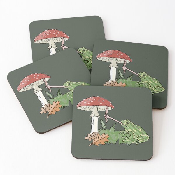 Item preview, Frog catching a worm from a mushroom cottagecore illustration designed and sold by LeshanArt.