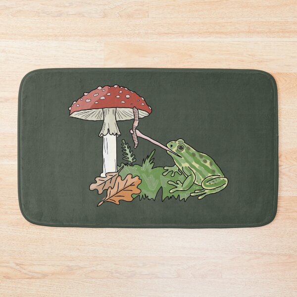 Item preview, Frog catching a worm from a mushroom cottagecore illustration designed and sold by LeshanArt.