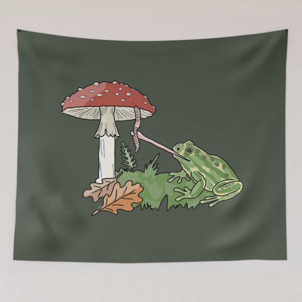 Item preview, Frog catching a worm from a mushroom cottagecore illustration designed and sold by LeshanArt.