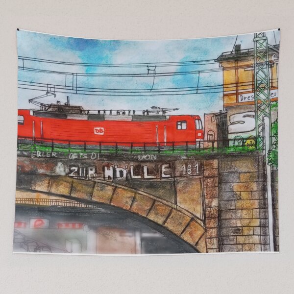 Item preview, Red Locomotive over Dresden Neustadt – Urban Sketch in Ink & Watercolor designed and sold by UMA Urban Sketch.