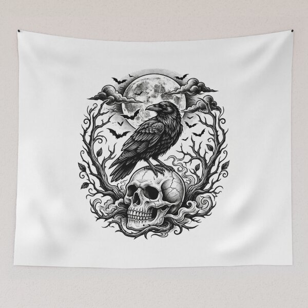 Item preview, Haunted Raven Skull Halloween Tattoo Art designed and sold by Alokaprintshop.