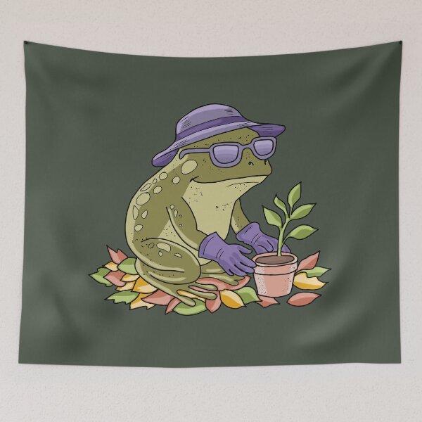 Item preview, Frog gardener in sunglasses and purple hat plant cottagecore illustration designed and sold by LeshanArt.