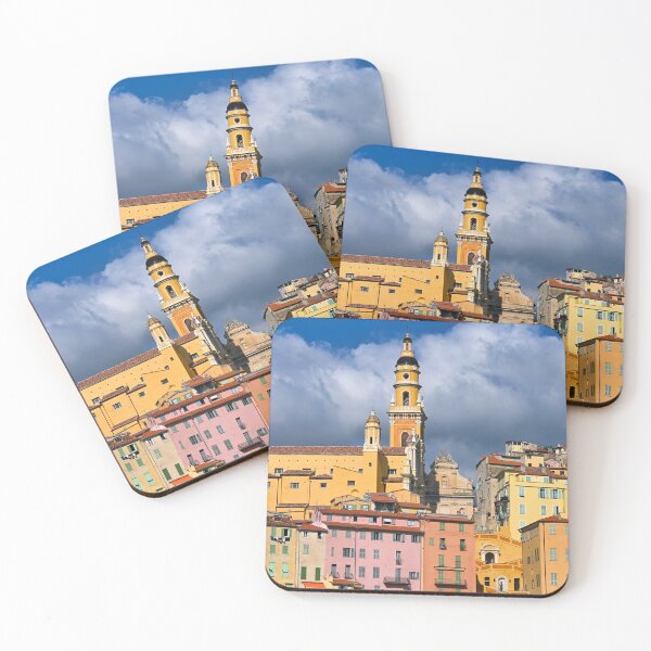 Item preview, Colorful old buildings and church tower in Menton city, France, summertime designed and sold by goceris.