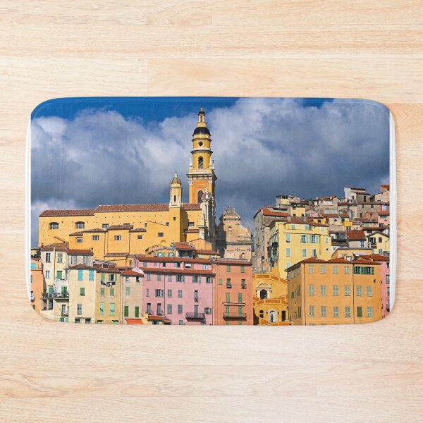 Item preview, Colorful old buildings and church tower in Menton city, France, summertime designed and sold by goceris.