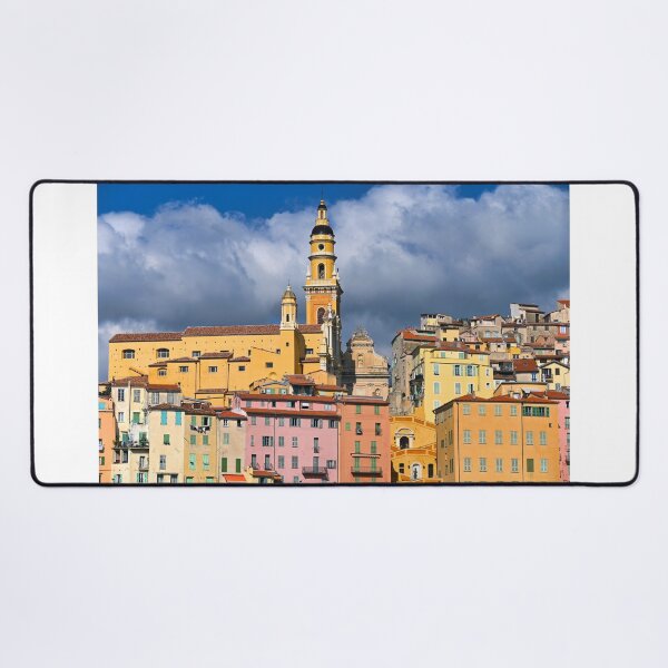 Item preview, Colorful old buildings and church tower in Menton city, France, summertime designed and sold by goceris.