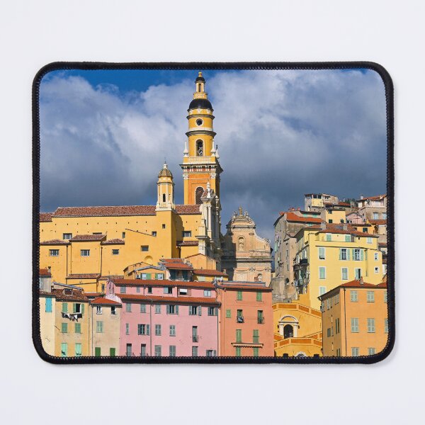 Item preview, Colorful old buildings and church tower in Menton city, France, summertime designed and sold by goceris.