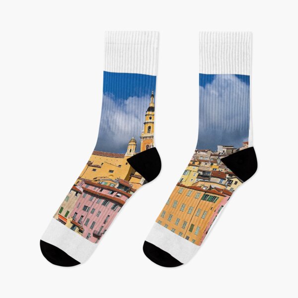 Item preview, Colorful old buildings and church tower in Menton city, France, summertime designed and sold by goceris.