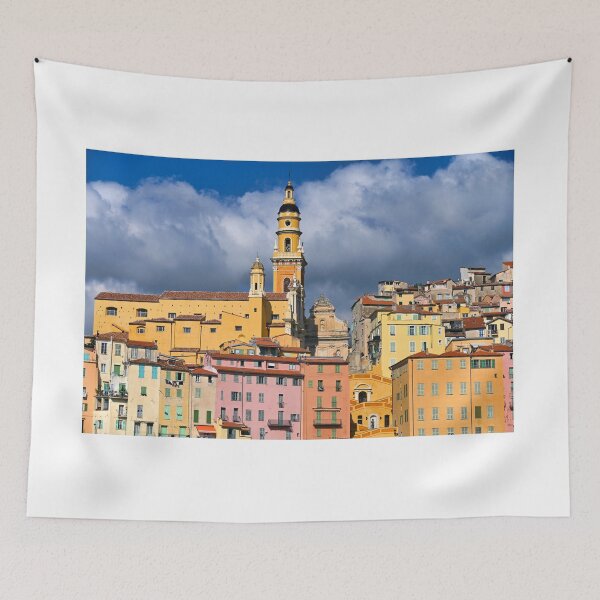 Item preview, Colorful old buildings and church tower in Menton city, France, summertime designed and sold by goceris.