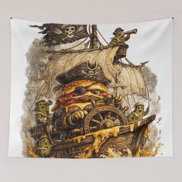 Artikelvorschau, Piratenburger-Kapitän segelt mit Käse auf den Meeren | Lustiger Burger-Piraten-Vintage-T-Shirt-Aufkleber entworfen und verkauft von irfanshikh.
