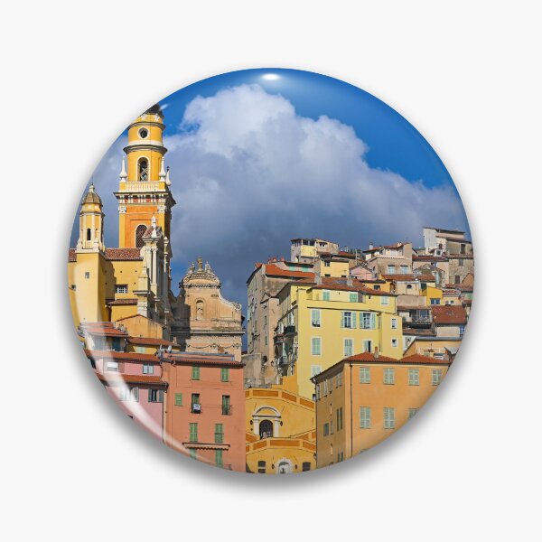 Item preview, Colorful old buildings and church tower in Menton city skyline, France, summertime designed and sold by goceris.