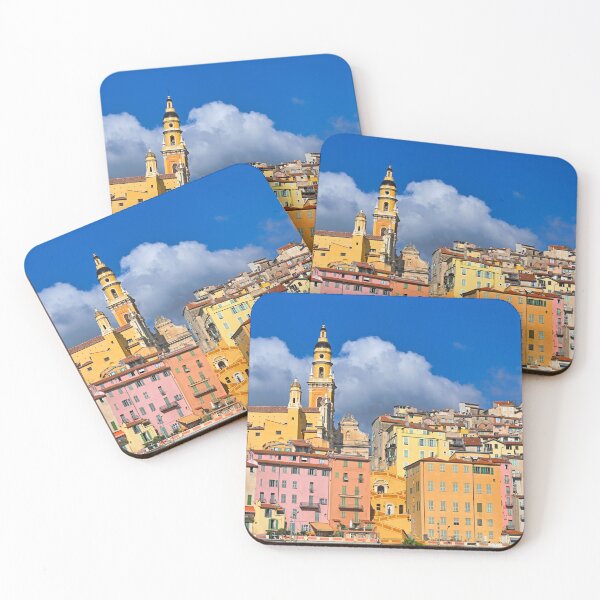 Item preview, Colorful old buildings and church tower in Menton city skyline, France, summertime designed and sold by goceris.