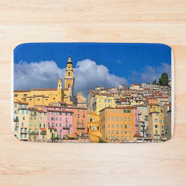 Item preview, Colorful old buildings and church tower in Menton city skyline, France, summertime designed and sold by goceris.