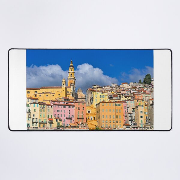Item preview, Colorful old buildings and church tower in Menton city skyline, France, summertime designed and sold by goceris.