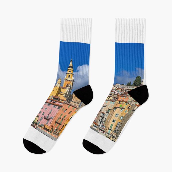 Item preview, Colorful old buildings and church tower in Menton city skyline, France, summertime designed and sold by goceris.