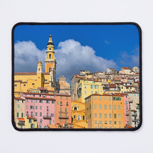Item preview, Colorful old buildings and church tower in Menton city skyline, France, summertime designed and sold by goceris.