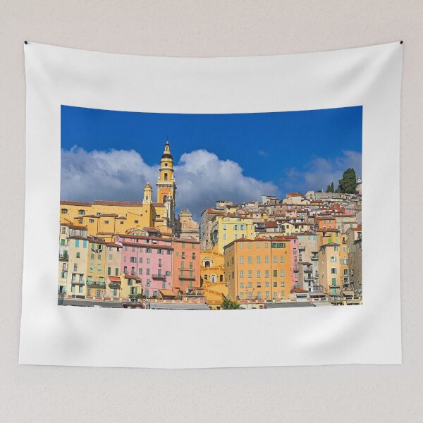 Item preview, Colorful old buildings and church tower in Menton city skyline, France, summertime designed and sold by goceris.