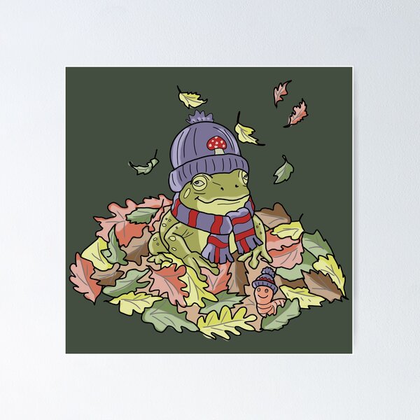 Item preview, Frog in autumn leaves and beanie cottagecore illustration designed and sold by LeshanArt.