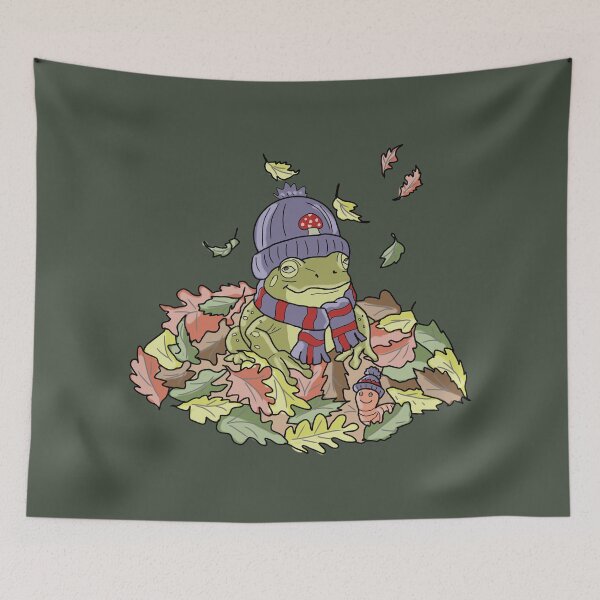 Item preview, Frog in autumn leaves and beanie cottagecore illustration designed and sold by LeshanArt.